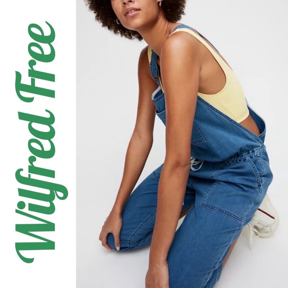 WILFRED FREE VALLETTA RELAXED BLUE DENIM CROPPED OVERALLS DRAWSTRING WAIST LARGE - Picture 11 of 13